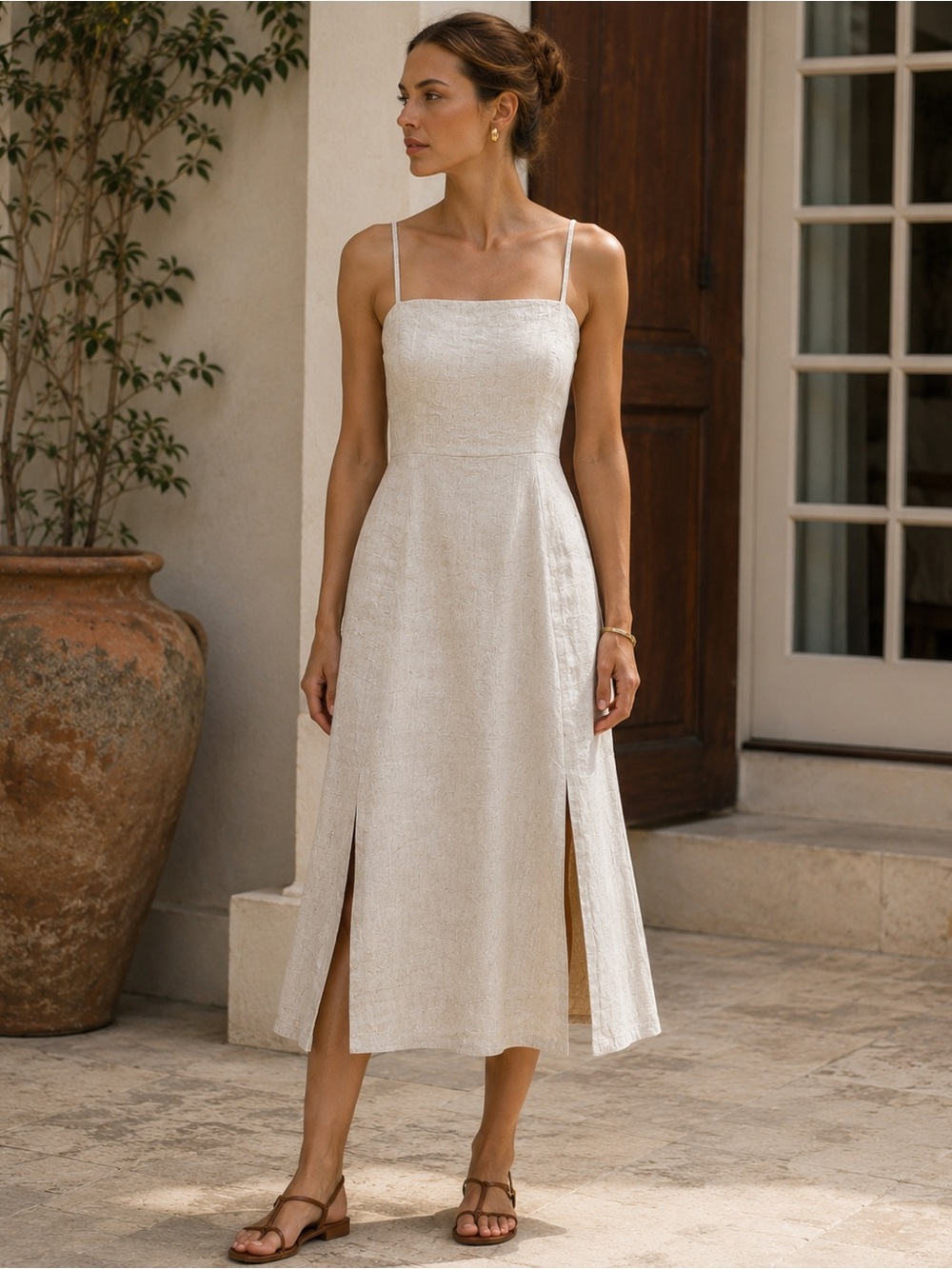Valiante Womens Dress Sz M Tan Linen Midi Minimalist Coastal Neutral Sundress